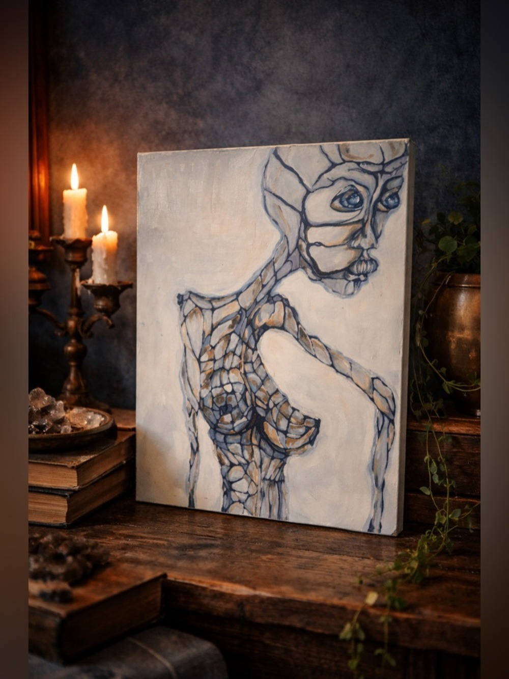 Abstract Portrait Art Canvas Original Painting Not Signed 18x14in Oil Blue Hues